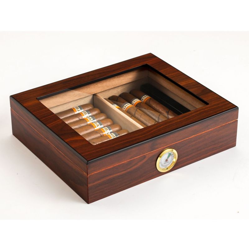 Coffret humidor en bois façon acajou avec couvercle vitré à clapet