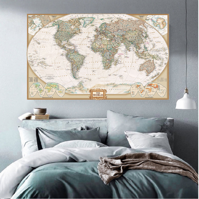 Toile carte du monde vintage en situation dans un intérieur