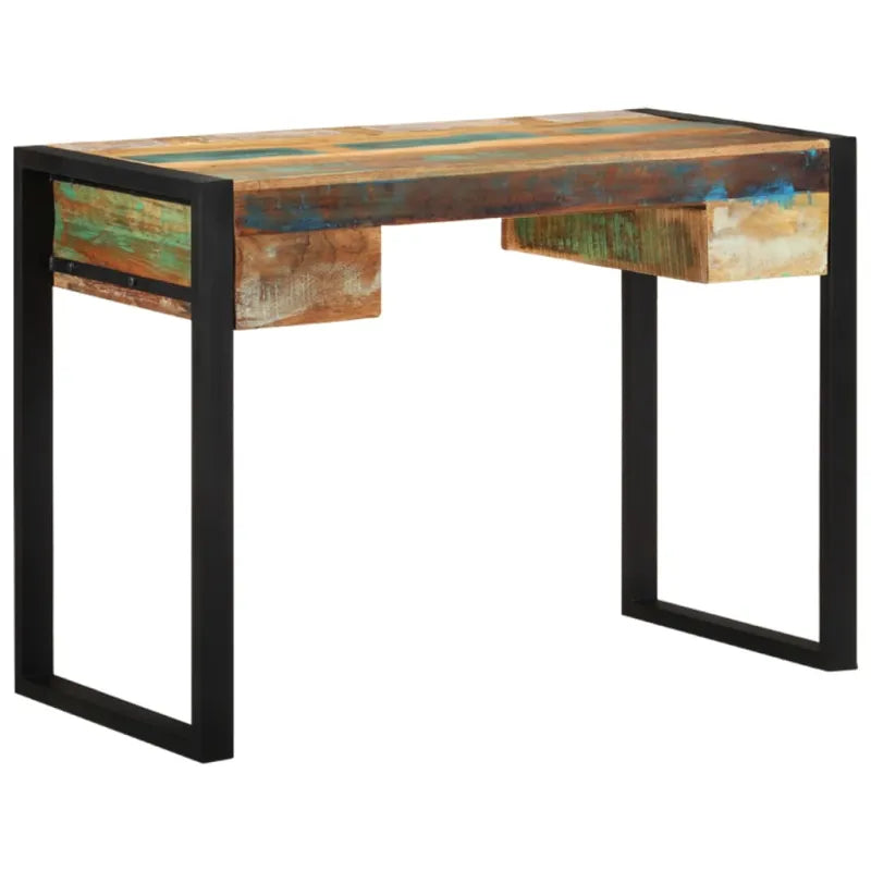 Bureau en bois recyclé multicolore, piètement acier noir