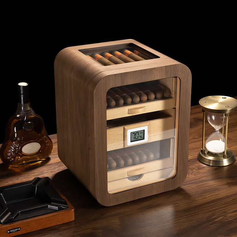Cave à cigares cube en noyer avec tiroirs vitrés et écran digital